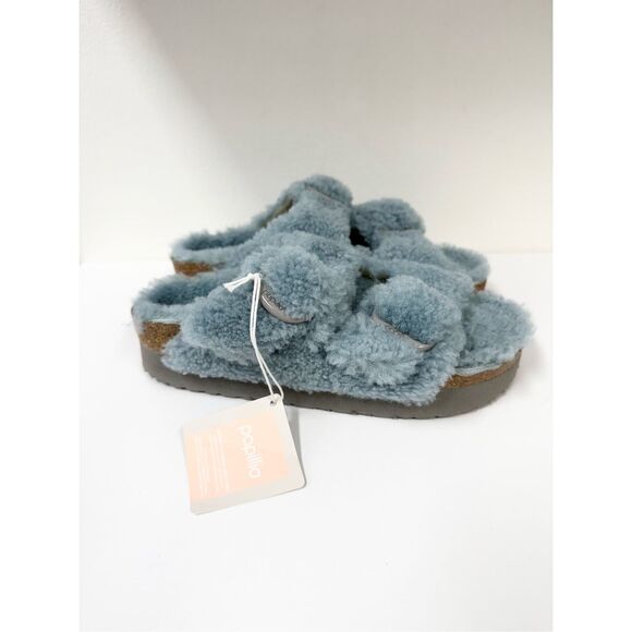Birkenstock Papillio Arizona Big Buckle Faded Aqua Sherpa Shearling 40 9 Narrow - Picture 2 of 8